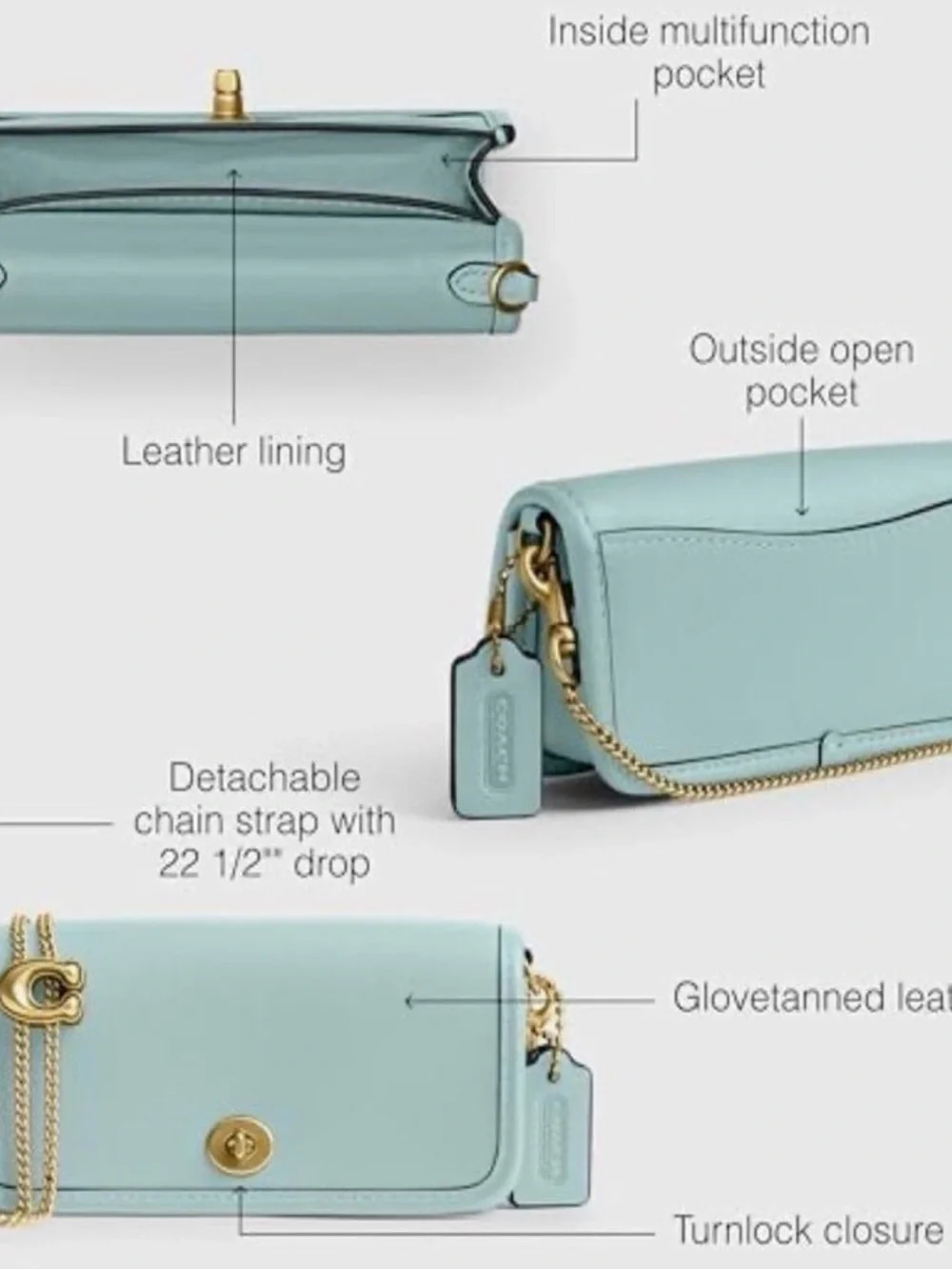 Like New Coach Dinky 14 CZ108 Light Blue Glovetanned Leather Chain Crossbody Bag